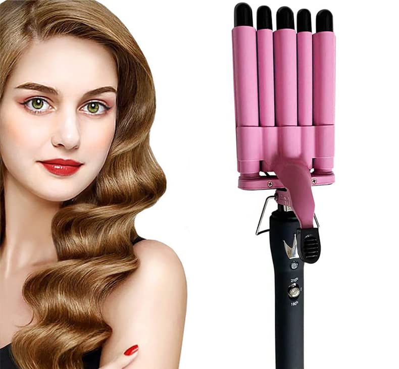 Professional Ceramic Hair Curling Iron Hair Waver Tongs Wave Water Ripple Rolls Electric Hair Curler Styling (5 tube pink)