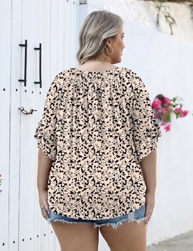 Image of Micoson Womens Plus Size Tops 3 /4 Ruffle Sleeve Crewneck Pleated Shirts