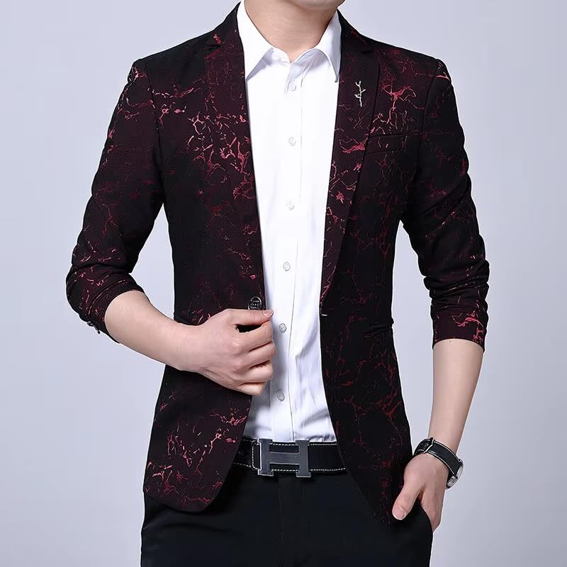 Men's Korean Style Printed Suit Jacket Loose Casual Blazer for Men-Deep Blue012