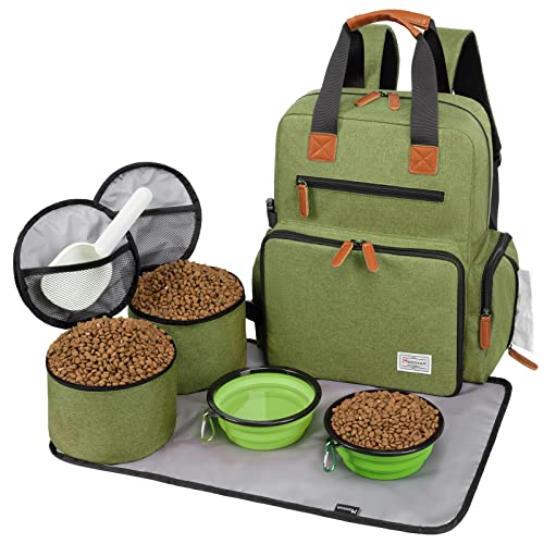 Modoker Dog Travel Bag, Airline Approved Backpack for Pet Accessories Organizer, Tote Weekend Bag with 2 Dog Food Storage Containers, 2 Collapsible Dog Bowls, 1 Pet Mat, Green