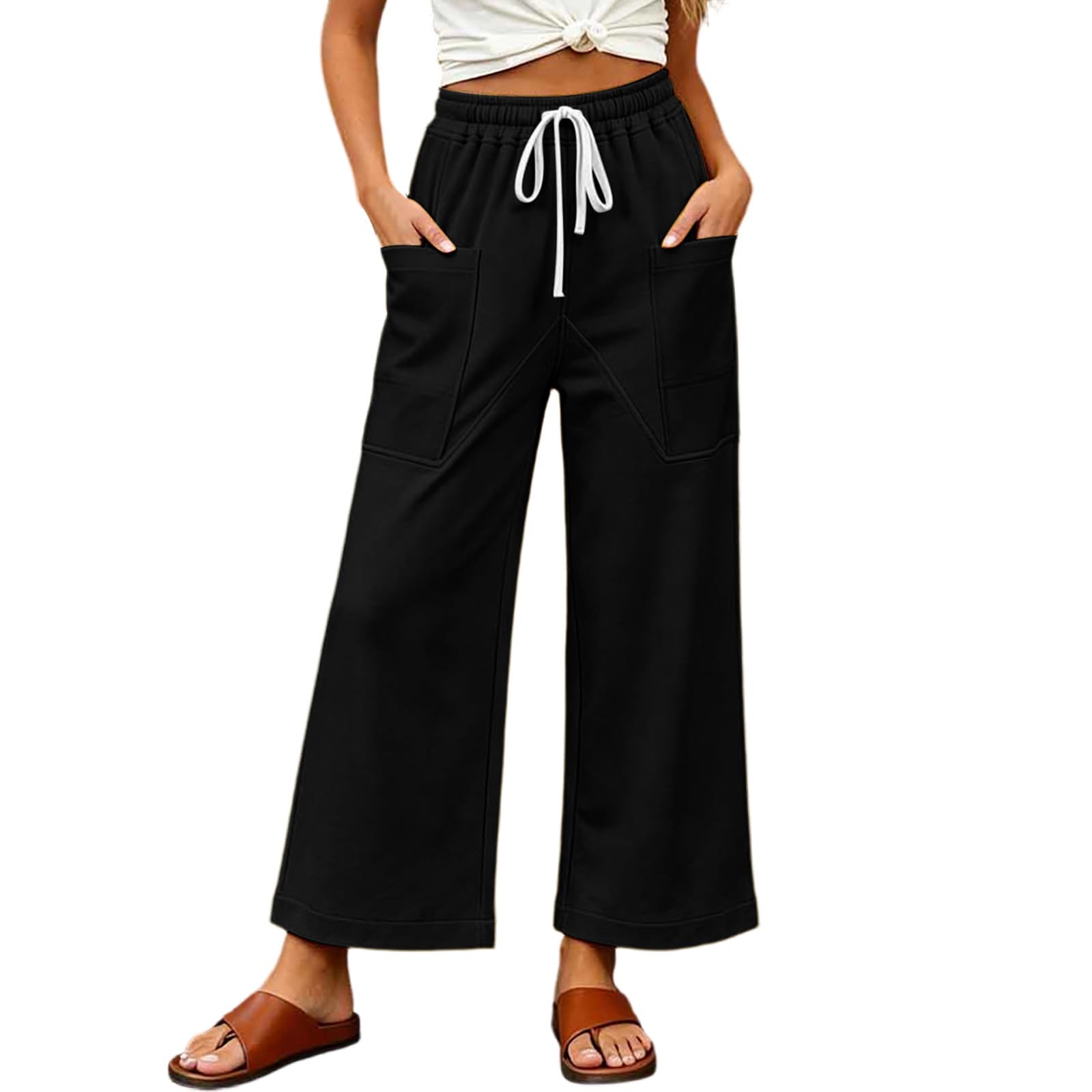 Pantalon Jogging Large Femme Automne Mi Saison Poches Taille Haute Sport