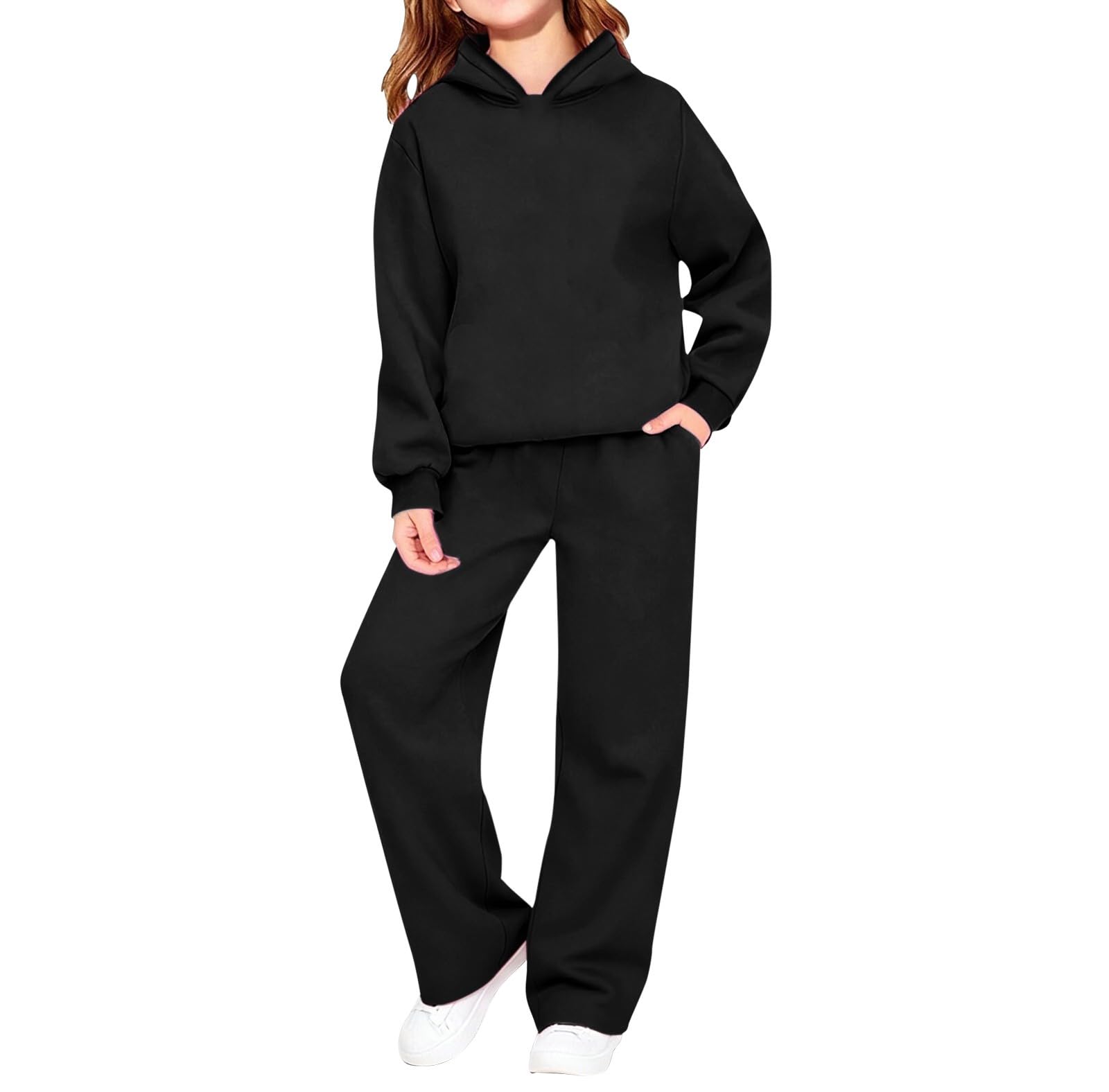 Conjunto de 2 piezas con capucha y pantalones deportivos para niñas, color negro, 15-16 años