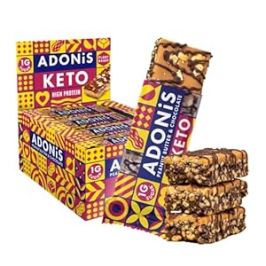 Adonis Keto Peanut Butter & Chocolate High Protein Repen (16 x 45g repen) | Vegan & Keto | 100% natuurlijk | Vrij van gluten, suiker, palmolie en zuivel | Weinig suikers, caloriën & koolhydraten voor afvallen | Ontbijtreep | Gezonde snack | Keto dieet