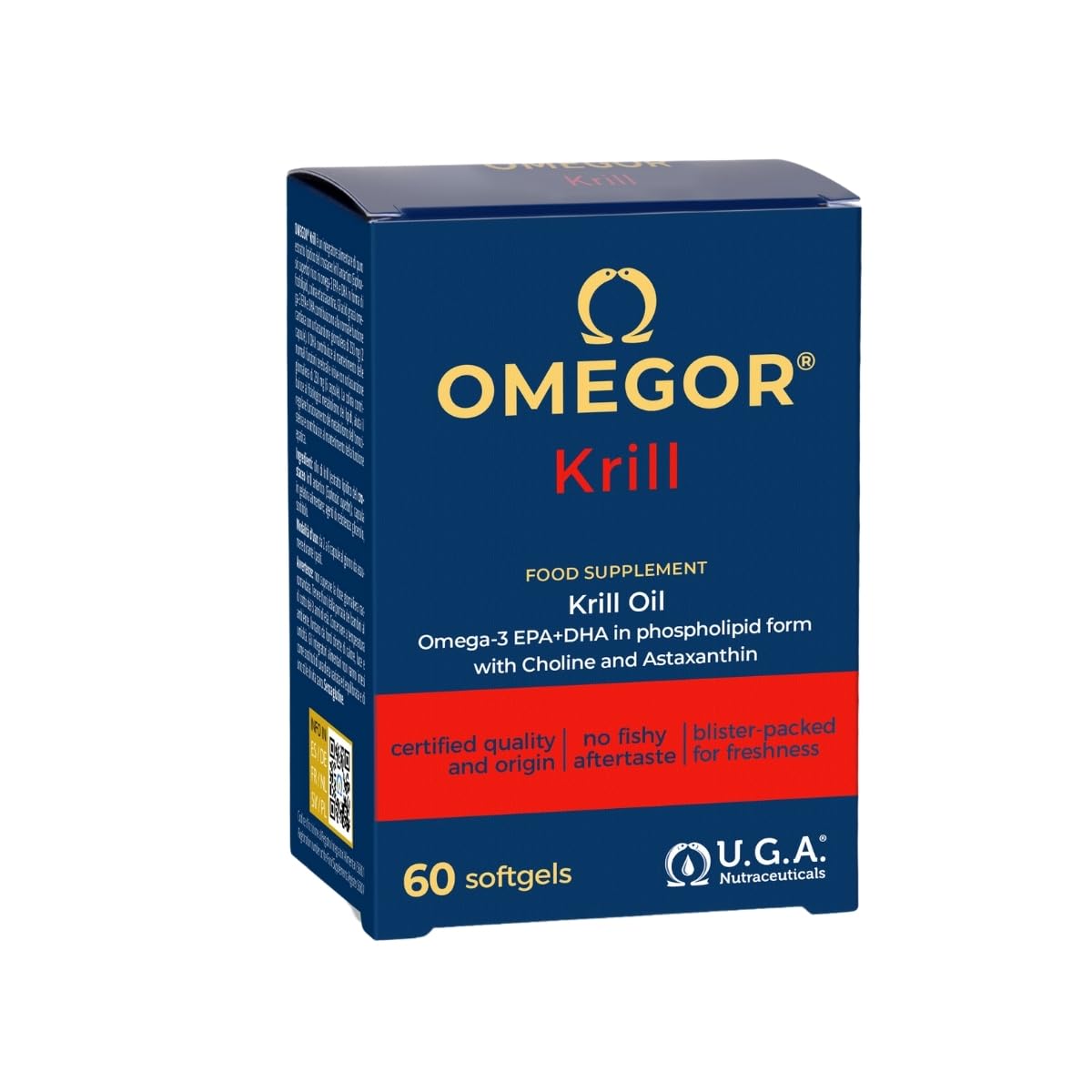 OMEGOR Krill Oil Capsules Omega 3 - Antartic Krill Oil with EPA, DHA, Astaxanthin, Choline, Phospholipids - High Bioavailability and No Aftertaste (60 Softgel Caps)