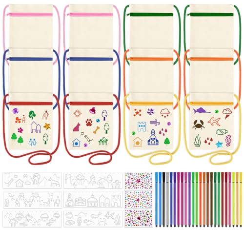 Anstore Handtasche zum Bemalen für Kinder, 12 Stück DIY Stoff Federmäppchen um Bemalen mit 24 Buntstiften, 6 Schablonen Malen, 3 Blatt Glitzersteine, Beutel zum Bemalen Beige für Kindergeburtstag Anstore Handtasche zum Bemalen für Kinder, 12 Stück DIY Stoff Federmäppchen um Bemalen mit 24 Buntstiften, 6 Schablonen Malen, 3 Blatt Glitzersteine, Beutel zum Bemalen Beige für Kindergeburtstag