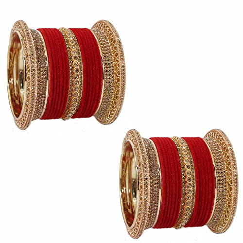 Image of NMII Non-Precious Metal with Base Metal and Studded with Zircon Gemstone Glossy Finished Traditional Velvet Bangle Chuda set for Women and Girls