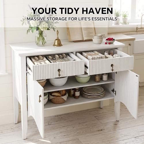 Image of FUSUNBAO 40 inch Fluted Buffet Cabinet, Sideboard Credenza with Drawer,White | Retro,Storage Cabinet,Fluted Sideboard Credenza, 2 Drawer, Accent Bar Cabinet, For Living Room, Dining Room, Entryway