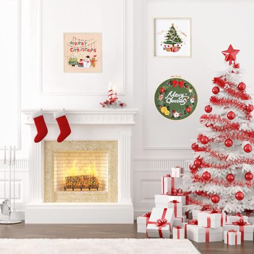 Image of LB Christmas Embroidery Kit for Beginners Adults, 3 Sets Hand Embroidery Starter Kit with Wreath Pattern and Instructions Stamped Cross Stitch Kits Include Embroidery Hoop Needles Threads Scissors