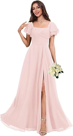 Maxianever Flutter Sleeves Bridesmaid Dresses with Slit Long A Line Formal Dress for Women Wedding
