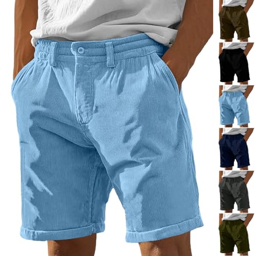 Image of Mens Corduroy Shorts Casual Elastic Waist Button Summer Beach Shorts Lightweight Comfy Short for Men with Pockets