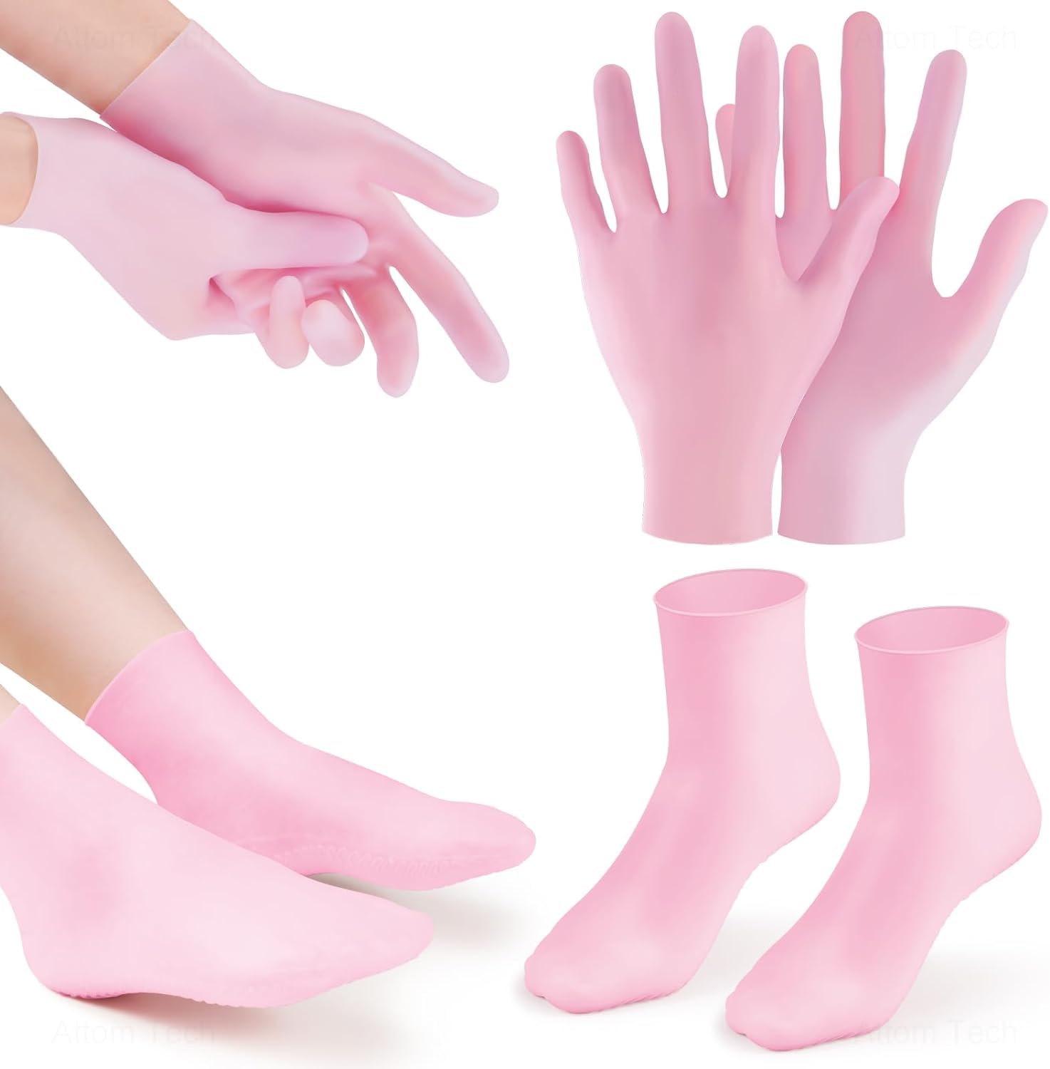 ZTOCOZ 2 Pairs Silicone Moisturizing Glove Socks Set,Anti Slip Soft Spa Gel Socks Softening Feet Dry Cracked Skin,Women Spa Pedicure Socks For Foot Hand Softening (Pink)