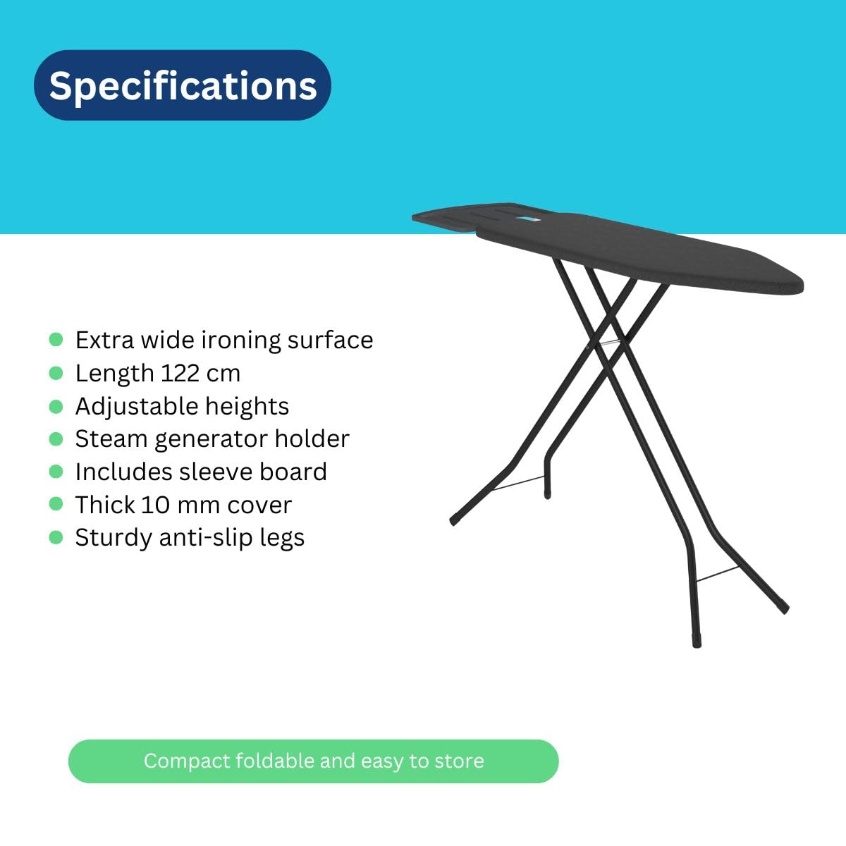 Bügelbrett – Mit Dampfbügelstation-Ablage – 122x38 cm – Stabil und standfest – Höhenverstellbar – Luxuriöses Bügelerlebnis – Farbe: Schwarz