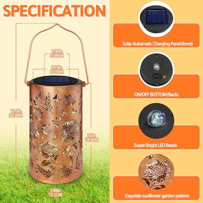 Sunflower Solar Lanterns Outdoor Waterproof, Metal Hanging Solar Lights Sunflower Lantern for Outdoor Porch Patio Yard Garden Decor, Sunflower Birthday Gifts for Women Mom