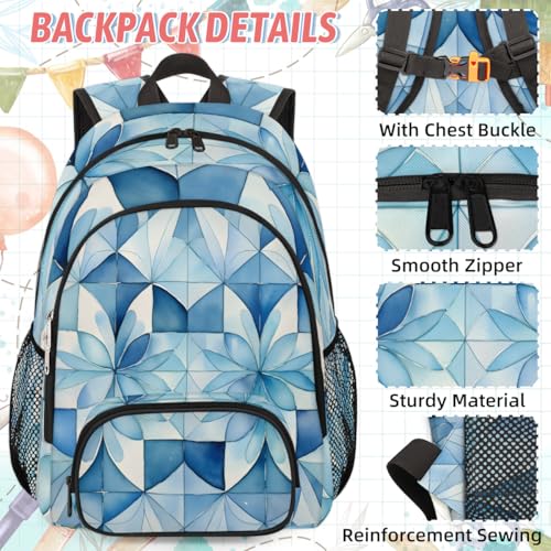 TropicalLife Blue Abstract Geometric Backpack with Lunch Box Set, Back Pack and Lunch Bag Blue Abstract Geometric Waterproof Casual Daypack Bag for Work Travel2