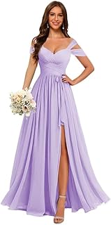 Women's Off Shoulder Bridesmaid Dress with Belt Chiffon Ruched Formal Evening Gowns CYM201