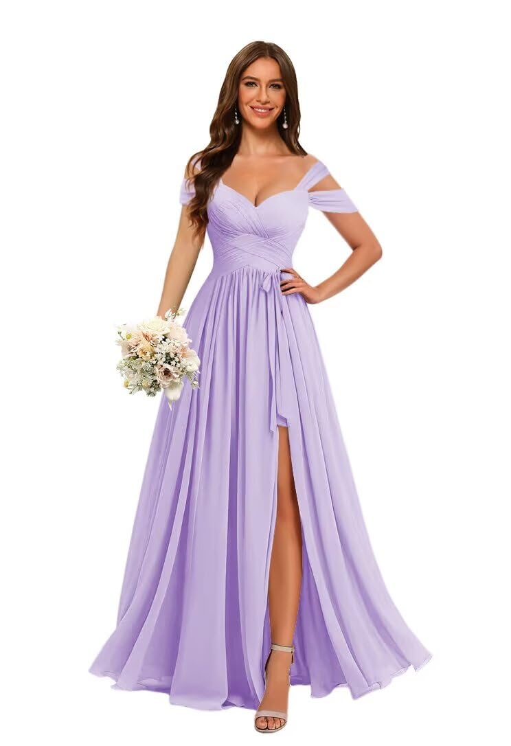 Stylefun Women's Off Shoulder Bridesmaid Dress with Belt Chiffon Ruched Formal Evening Gowns STN002