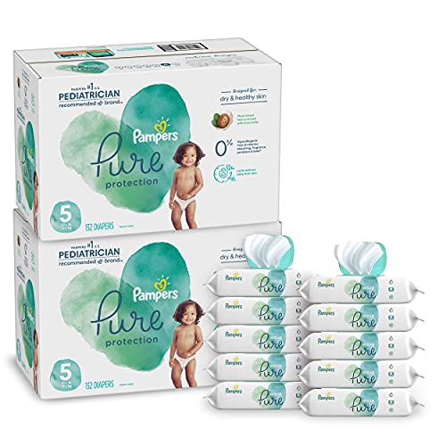 Pampers Pure Protection Disposable Baby Diapers Size 5, 2 Month Supply (2 x 132 Count) with Aqua Pure Baby Wipes, 10X Pop-Top Packs (560 Count)