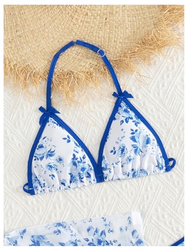 OYOANGLE Girl's 3 Piece Floral Print Bikini Swimsuit Triangle Halter Bathing Suits with Cover Up Beach Skirt3