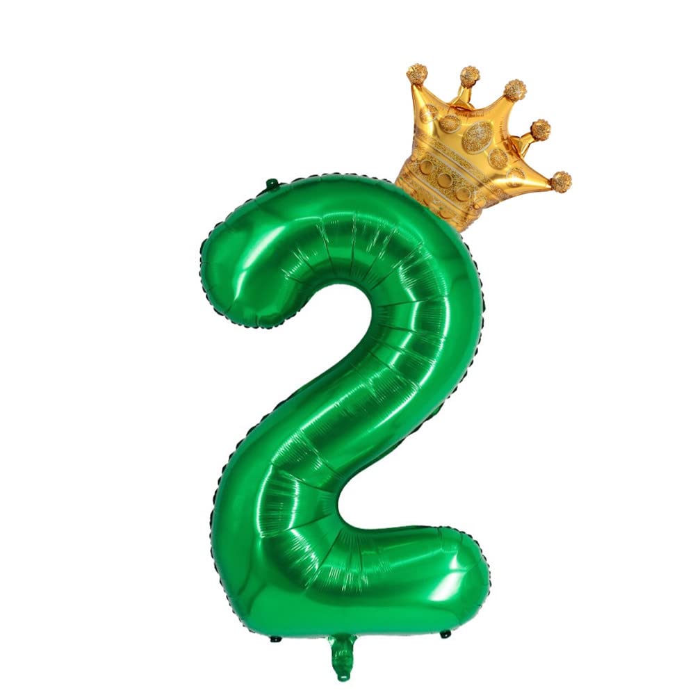 40 inch Dark Green Crown Number 2 Balloon ,Giant Large Aluminum Film Number Balloon , 2nd Jungle Birthday Decoration Balloons ，Children's Birthday