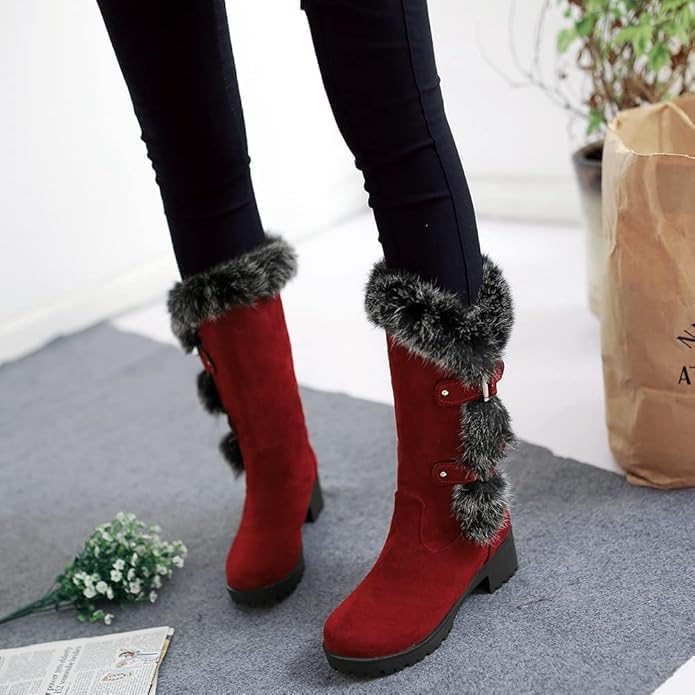 Women's Suede Mid-Calf Snow Boots Warm Womens Boots Fleece Furry Leather Non-slip Snow Fur Lined Insulated Boot