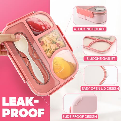Image of EASYFUN Bento Box Adult, Lunch Box, 4-Compartment Lunch Containers, Drop-Proof, Dishwasher Safe & Made with BPA-Free Materials (Pink)