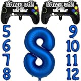 Navy Blue Video Game Party Supplies Boys 8th Birthday Party Decorations- 2 Packs Game On Balloons with Dark Blue Number 8 Balloon