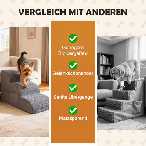 3-stufige Hundetreppe für Kleine Hunde mit Waschbarer Hülle, 2 Aufbewahrungstaschen & Tragegriff - Hochdichte Schaumstoffstufen, Rutschfester Bezug - Grau