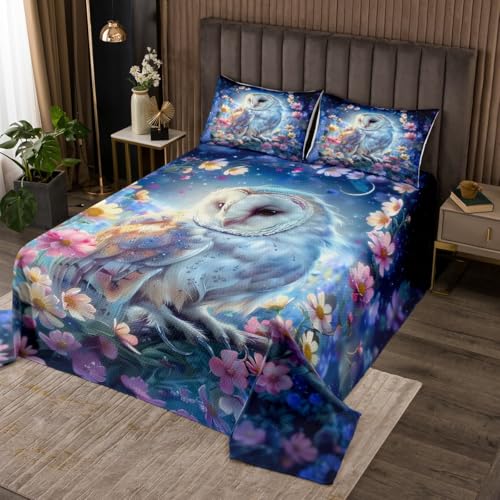 Boho Owl Quilts Set for Kids Boys,Wild Birds Flowers 3Pcs Bedspread Coverlet Set,Dreamy Galaxy Blooming Flowers Bed Cover Set,Rustic Jungle Night Bedspread Coverlet with 2 Pillowshams (King Size)