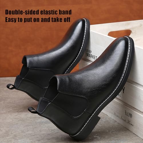 Men's Leather Hand-sewn Chelsea Boots Classic Round Toe Elastic Slip on Dress Ankle Boots Waterproof Warm Outdoor Casual Boots4
