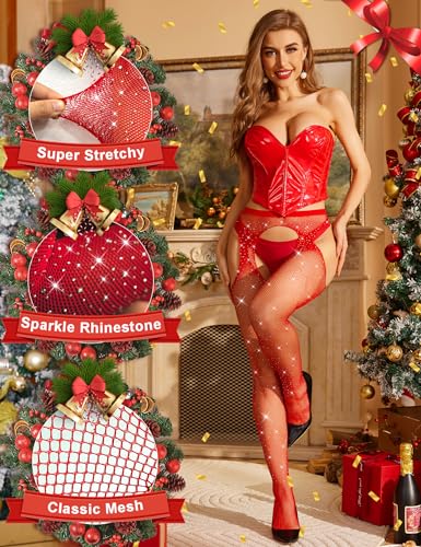 Image of RSLOVE Fishnet Stockings Rhinestone High Waist Tights Pantyhose Women's Sexy Sparkle Stockings