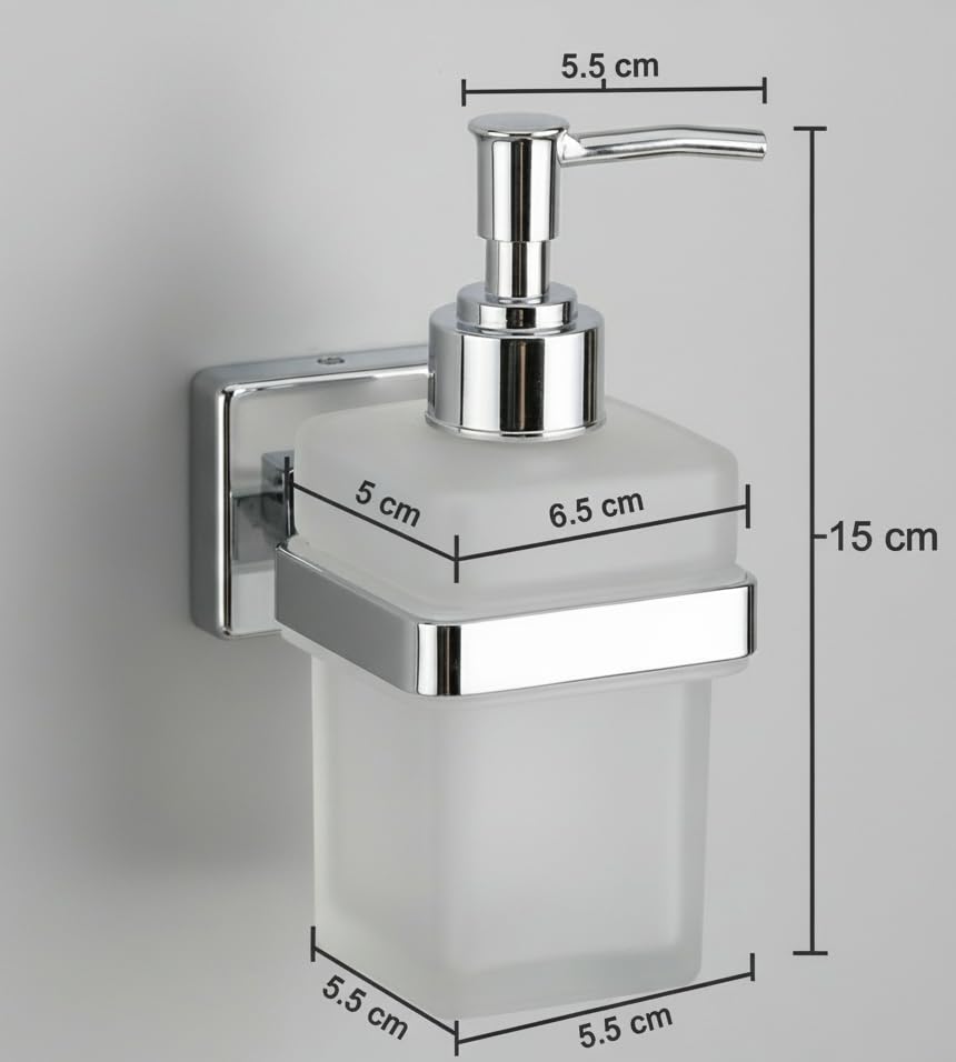 Image of Premium Wall Mounted Liquid Soap Dispenser - 304 Stainless Steel Holder with Frosted Glass Bottle | Rust-Proof Hand Wash Pump for Bathroom, Kitchen, & Wash Basin (Square 27N)