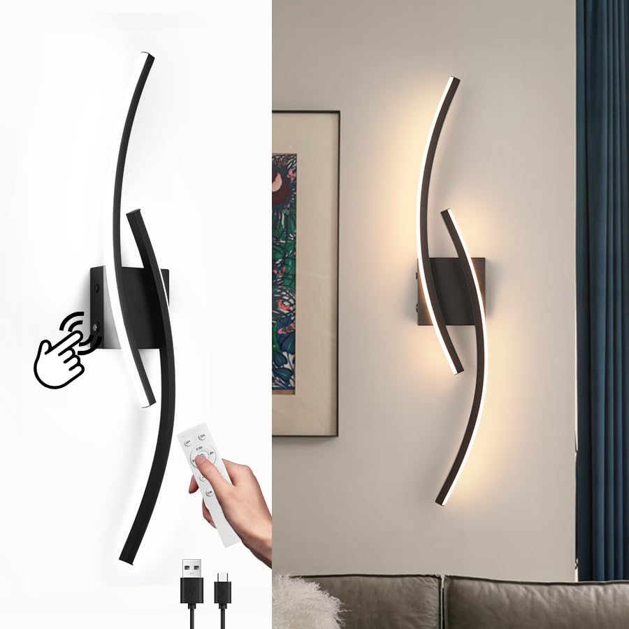 15000mAh Battery Operated Wall Sconce,Black Wall Sconces with Remote Control,3000K-6000K Modern LED Wireless Wall Light for Living Room, Hallway, Bedroom, 39.3 Inch