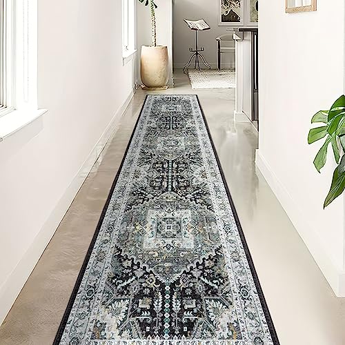 Madane Hallway Washable Runner Rug 2x10, Vintage Kitchen Rugs Soft Entryway Rug Runner Non Slip Indoor Floor Carpet for Bathroom Living Room Bedroom, Grey Green/Black Olive