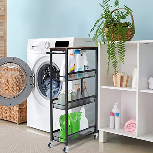 Nandae 4-Tier Storage Trolley Cart, Slim Storage Trolley, Narrow Storage Unit, Rolling Cart Storage Organizer on Wheels, Mesh Basket Shelf with Handles for Office Bathroom Kitchen Laundry Room - Image 3