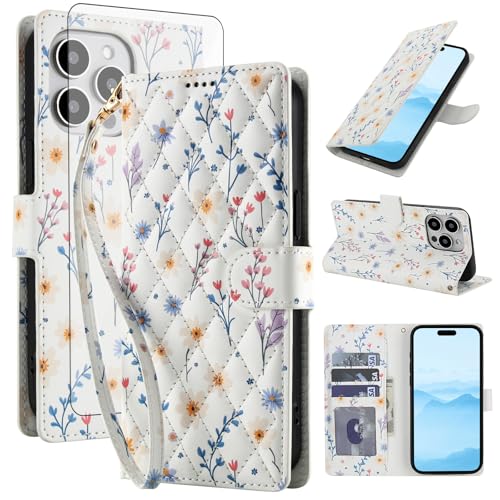Étui iPhone 16 Pro Max Asuwish avec protège-écran en verre et porte-cartes floral