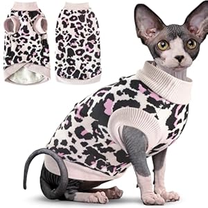 Idepet Sphynx Cat Clothes Hairless Cats Sweater Soft Kitten Shirt Cute Leopard Print Cat Vest Pullover Pajamas Jumpsuit Cotton Apparel for Cat Puppy (Pink, X-Small)