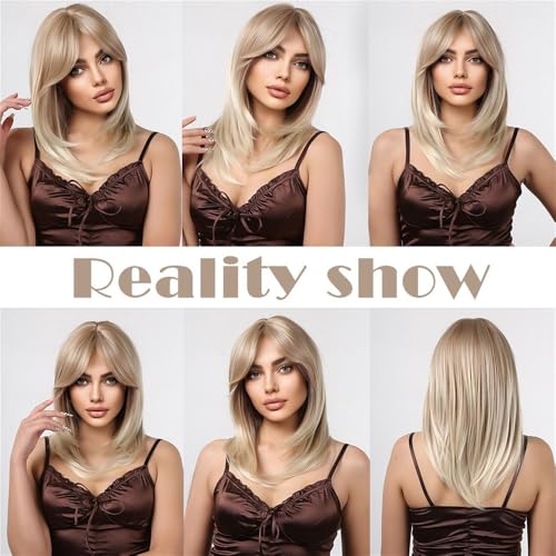 Perruque synthétique ondulée blonde dorée effet cheveux naturels frange