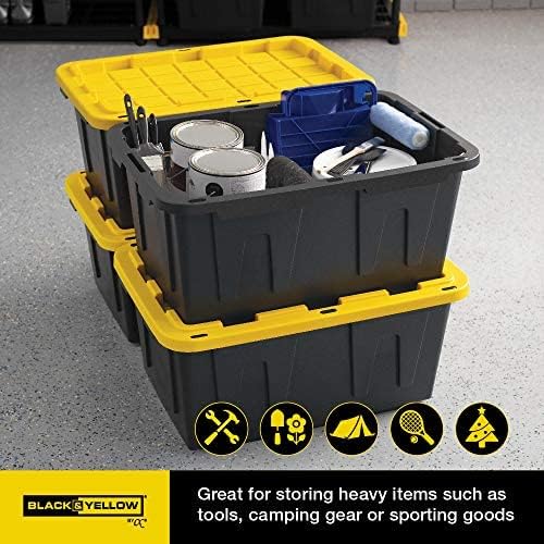 CX BLACK & YELLOW, 27-Gallon Heavy Duty Tough Storage Container & Snap-Tight Lid, (14.3H x 20.6W x 30.6D), Weather-Resistant Design and Stackable Organization Tote [4 Pack] - 1 cover missing, 3 covers damage