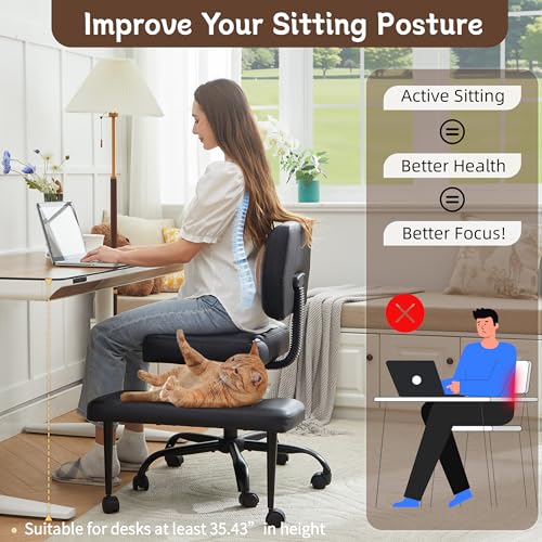 Image of Ergonomic Criss Cross Legged Office Chair, ADHD Chair, 360 Swivel Meditation Kneeling Chair with Wheels, Adjustable Footrest, Bigger & Wider Height Adjustable Seat, Strong Lumbar Support, Black PU