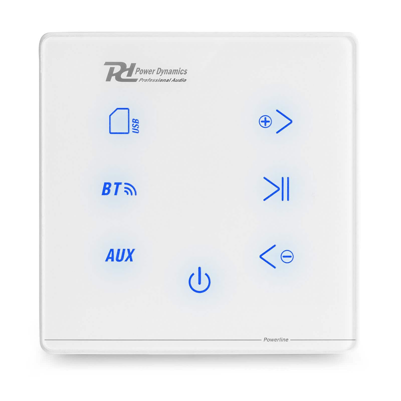 Power Dynamics Conjunto A100W con Amplificador Blanco táctil y 4 Altavoces de Techo Negros de 6,5” 2 vías, Bluetooth 5.0, Reproductor MP3 USB/microSD, 4x20W Clase D