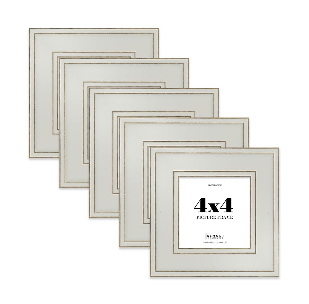 4x4 Light Grey Picture Frame - Shabby Chic Photo Frame with Distressed Finish, Gold Trim, Wall Hooks and Kickstand, 37mm Edge - 5 Pack