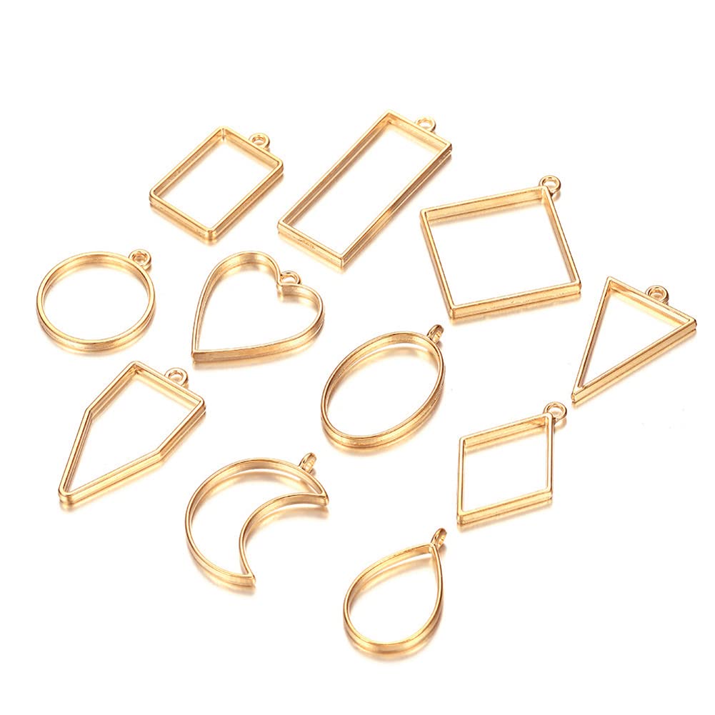 esowemsn 11pcs Gold Hollow Mold Pendants Metal Assorted Geometric Pressed Flower Frame DIY Crafts for Resin Earring Necklace Jewelry Making Accessories