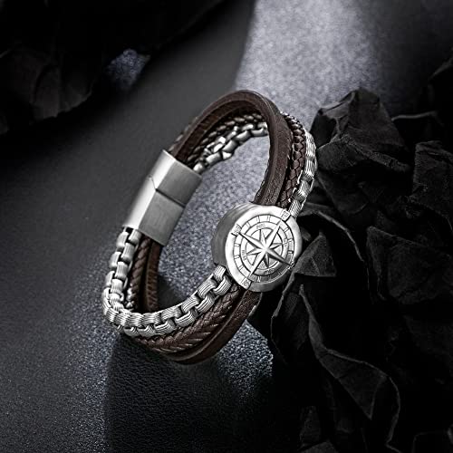 Image of Men's Bracelet Leather with Compass, Braided Leather Bracelets for Men Magnetic Clasp 7.5 /8.5 /9.5 inch Gift for Husband Boyfriend Father