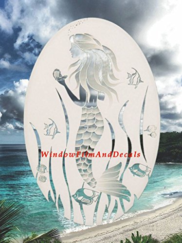 Oval Mermaid Etched Window Decal Vinyl Glass Cling - 26" X 41" - White With Clear Design Elements #TOP6