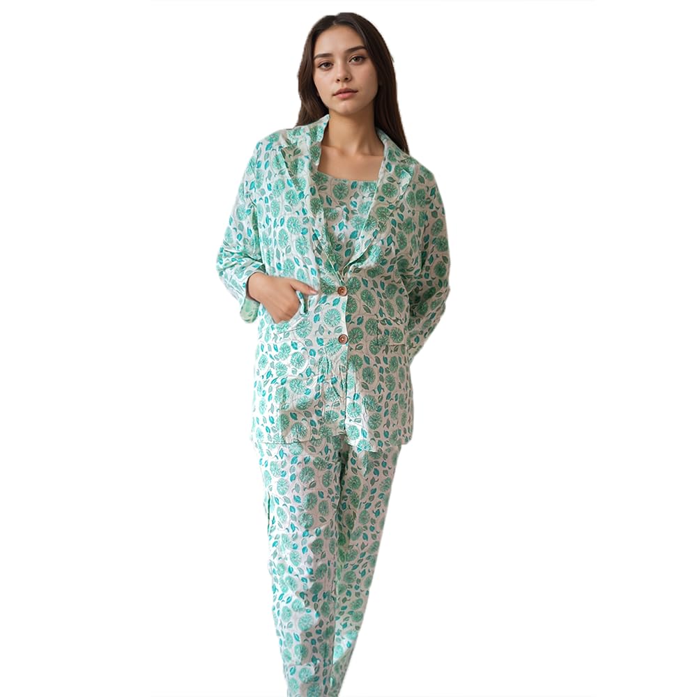 Women's Floral Block Print 3-Piece Co-ord Set, Blazer with Cami and Pocket Pants Off- White-image-35