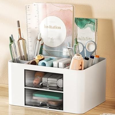 MOOKLIN ROAM Organizador de Escritorio Multifuncional Organizador de Oficina de Plástico con 2 Cajón y 5 Compartimentos Organizador de Maquillaje para Hogar Escolar Ahorrar Espacio Blanco