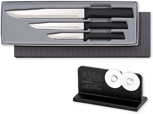 Rada Cutlery Juego de 3 cuchillos para inauguración de la casa con afilador de borde rápido, asas negras
