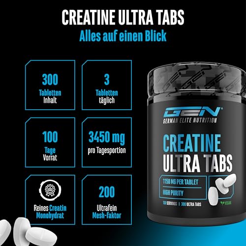 Creatine Ultra Tabs - 300 Tabletten mit je 1150mg reinem Creatin Monohydrat - 100 Anwendungen - Premium: Ultrafein + Mesh-Faktor von 200 - Hochdosiert - Vegan