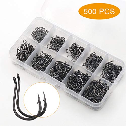 BiaoGan 500PCS Small Fishing Hooks, Assorted 10 Sizes(3#-12#) Fish Hooks Portable Plastic Box, Strong Sharp Fishhook with Barbs for Freshwater/Seawater (Black)