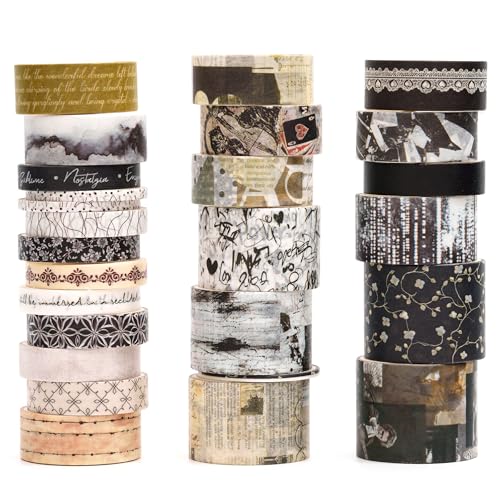 Songdao 24 rollos Vendimia Washi Tape Set, Cinta Adhesivo Decorativo Masking Tapes para Artes, Bullet Journal, Scrapbooking, Bricolaje (9-estado de ánimo monocromático)